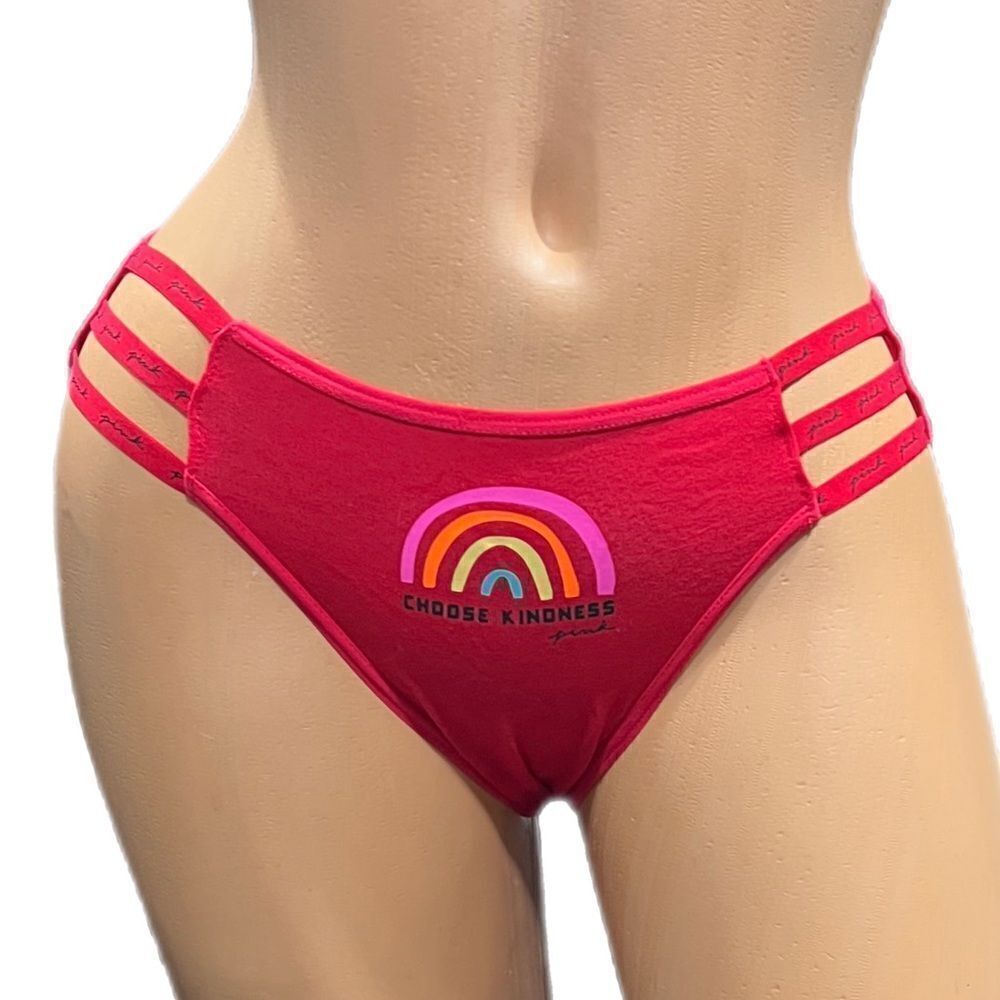 Victorias Secret Pink Soft Cotton Strappy Logo Cheekster panty Rainbow Red